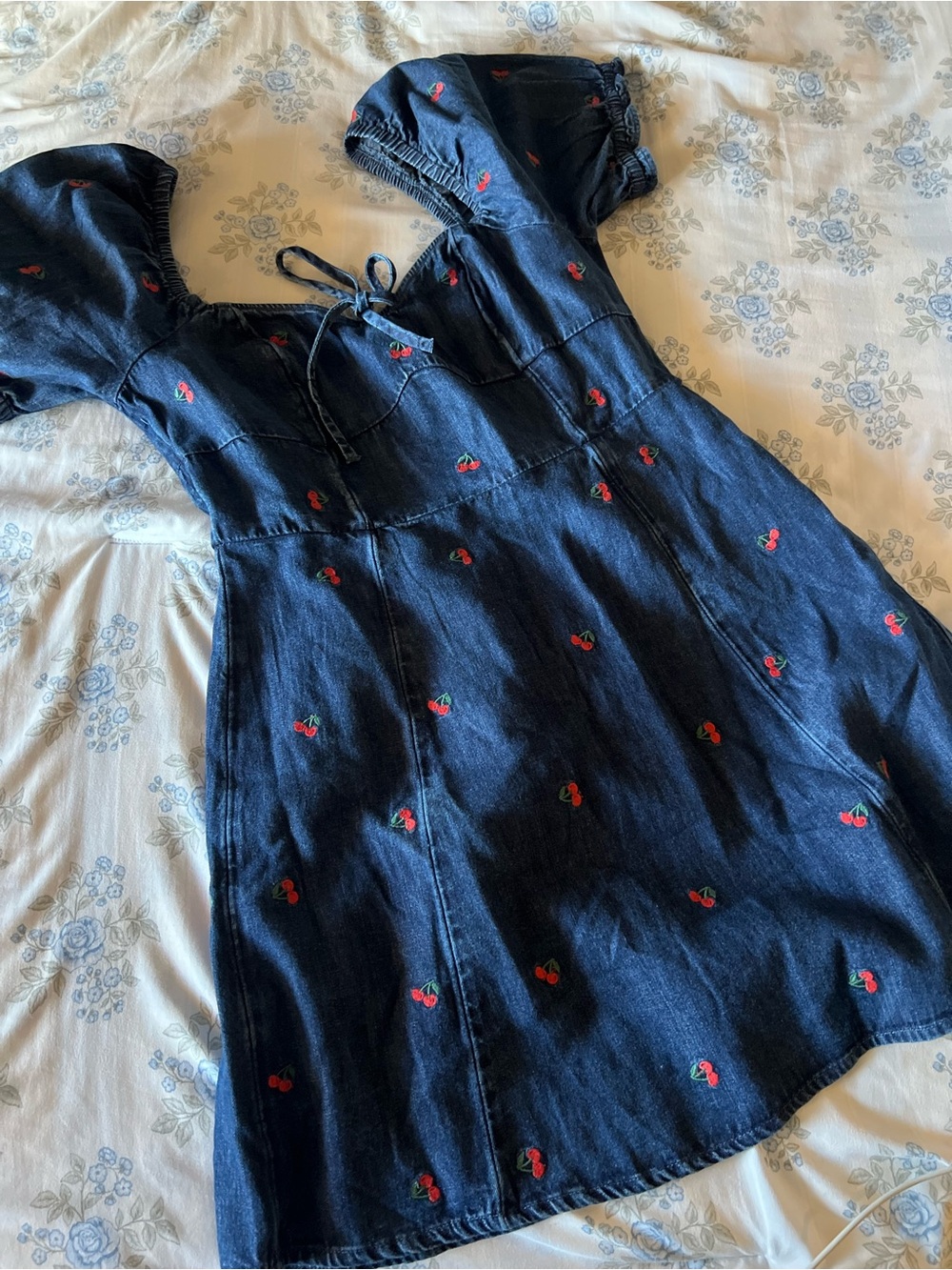 American Eagle Outfitters Navy Blue Denim Dress with Red Cherry Embroidery